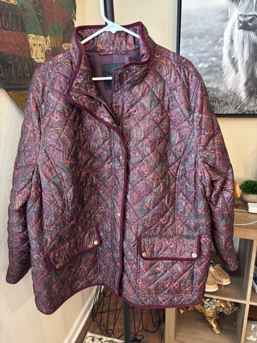 Talbots Quilted Paisley Puffer Jacket - Burgundy with Teal Accents - Picture 4 of 9